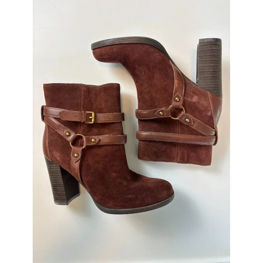 UGG Brown Suede Harness Ankle Boots Block Heel Size 8 Consign